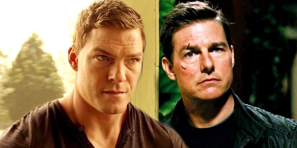 Blended image of Alan Ritchson as Jack in Reacher and Tom Cruise leaning against the door in Jack Reacher