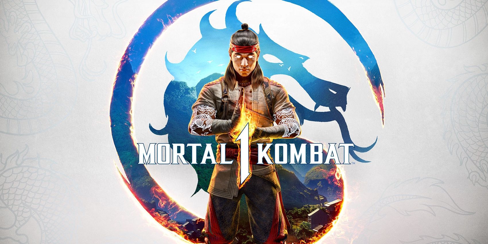 Mortal Kombat 1's official key art, featuring Liu Kang posing with his eyes glowing a bright white light, in front of the Mortal Kombat logo.