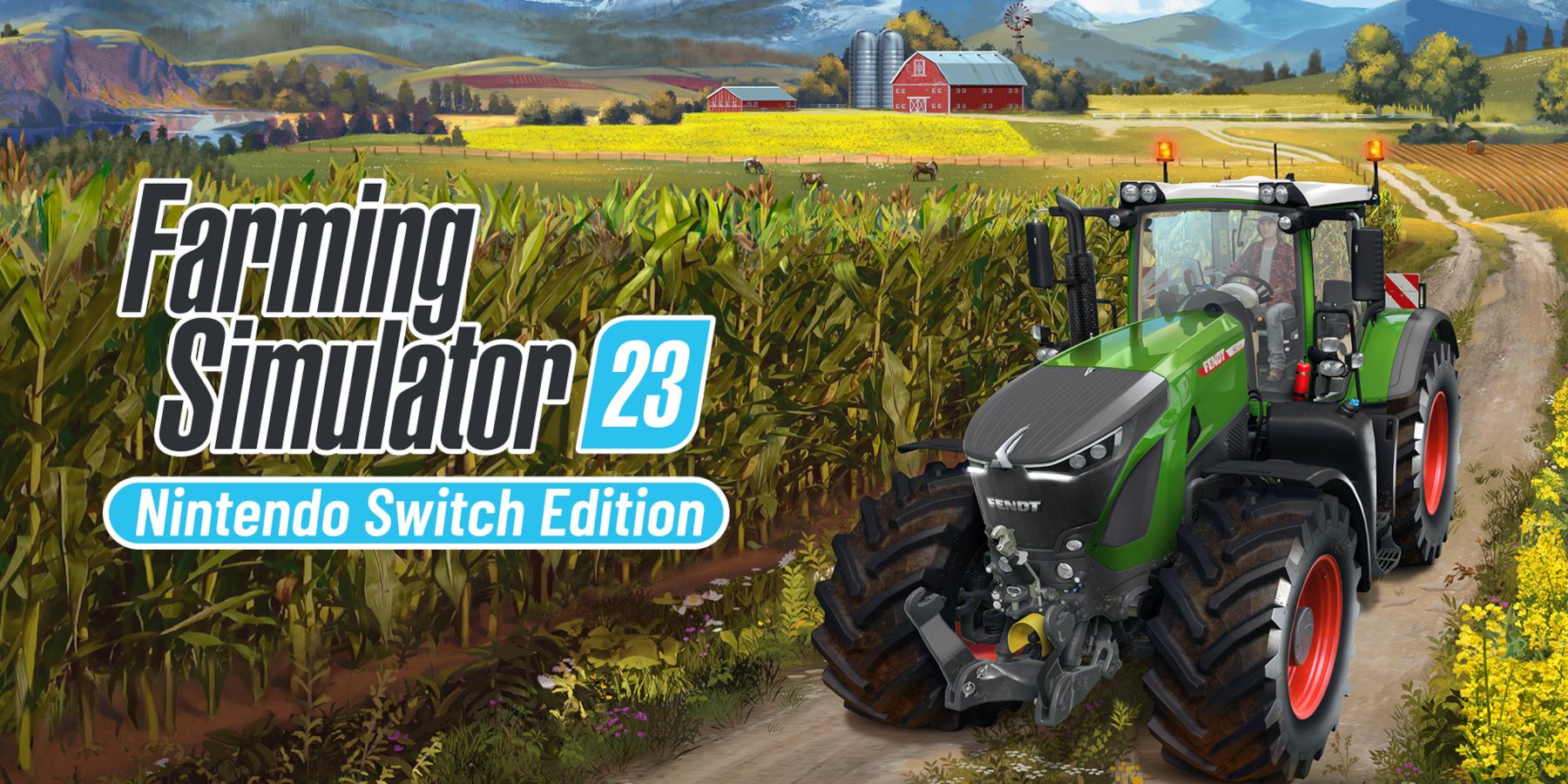 Farming Simulator 23 artwork. A tractor is driving down a track next to a field of crops.