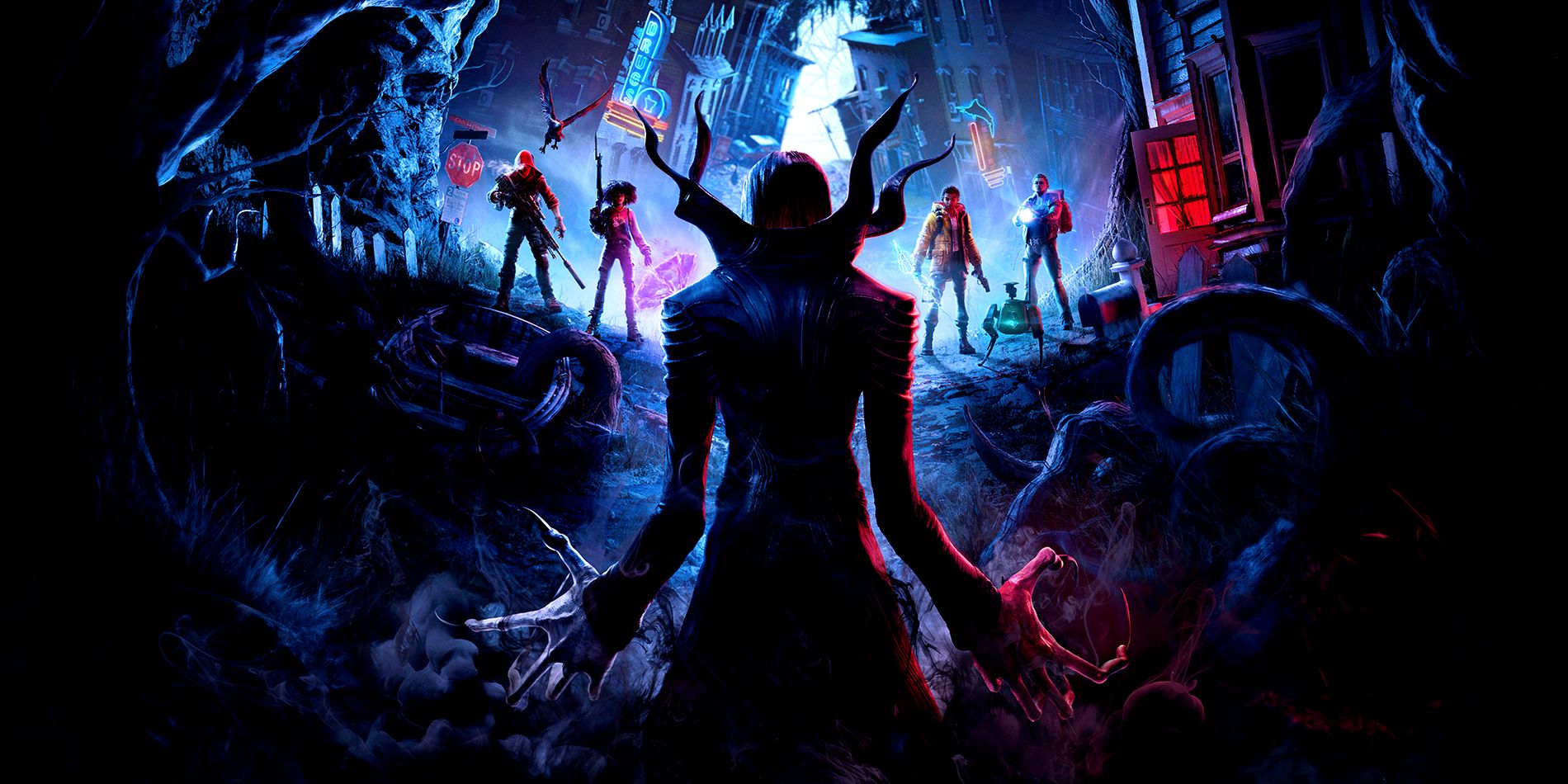 Art for Redfall game shows the back of an intimidating vampire with large claws facing towards the game's four playable characters in a twisted street with giant roots and broken buildings along it.