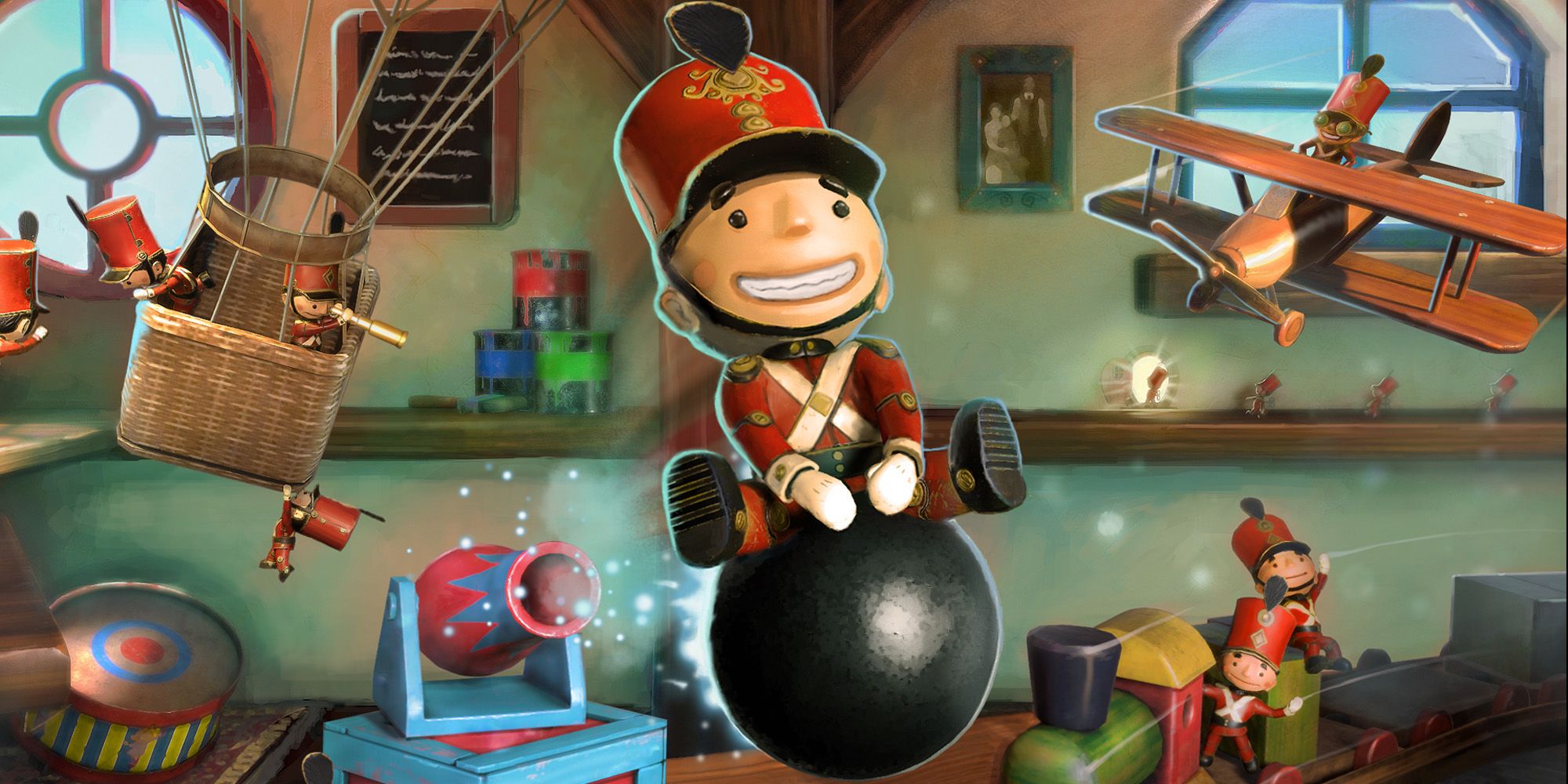Promotional image for Tin Hearts showing a toy soldier sitting atop a flying cannonball in front of other soldiers flying a hot air balloon and biplane.