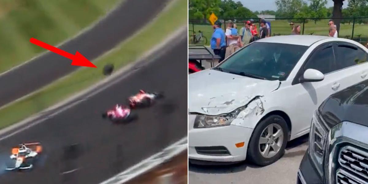 Se roza la tragedia en la Indy500: accidente y rueda volando que cae en el aparcamiento