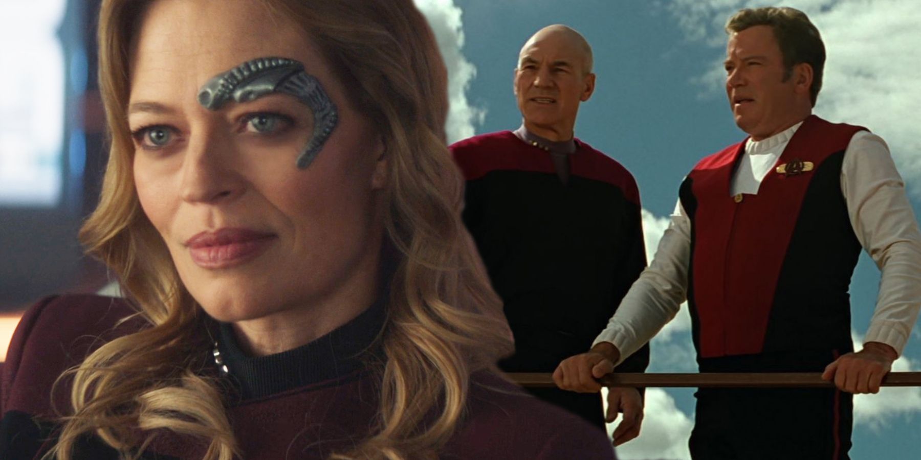 Jeri Ryan as Captain Seven of Nine, and Patrick Stewart and William Shatner in Star Trek Generations