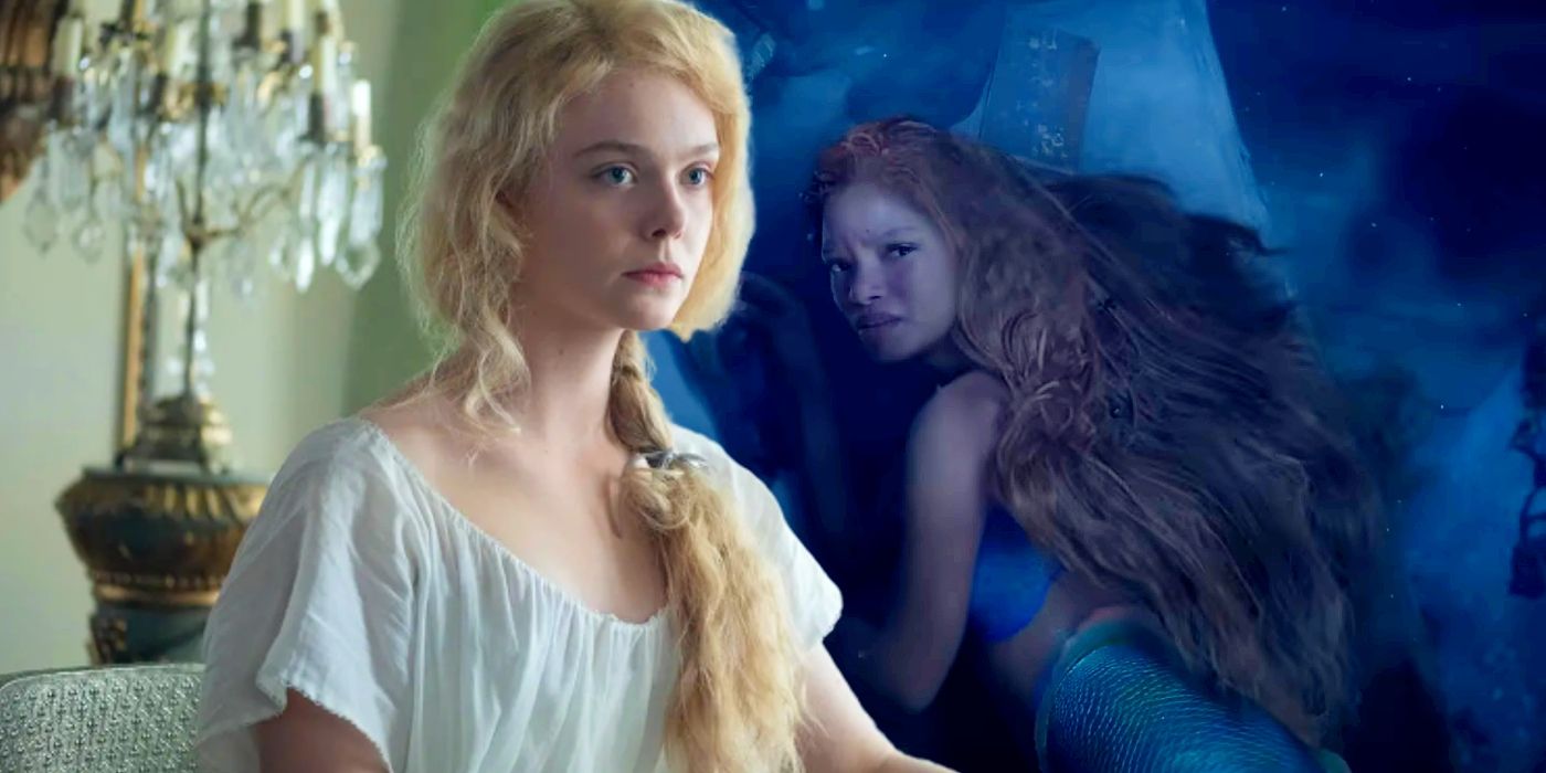 Elle Fanning in The Great juxtaposed with Halle Bailey in The Little Mermaid.
