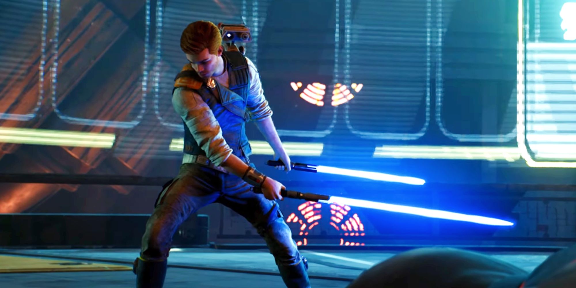 Cal Kestis with BD-1 on his shoulder holding his dual wield lightsabers parallel to one another pointing away from his left hip. Cal looks down solemnly after defeating the Ninth Sister, whose body lies partially in the bottom right corner of the frame.