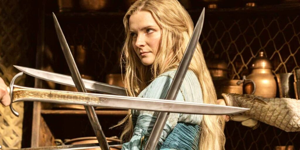 Galadriel sword fighting with someone in Rings of Power