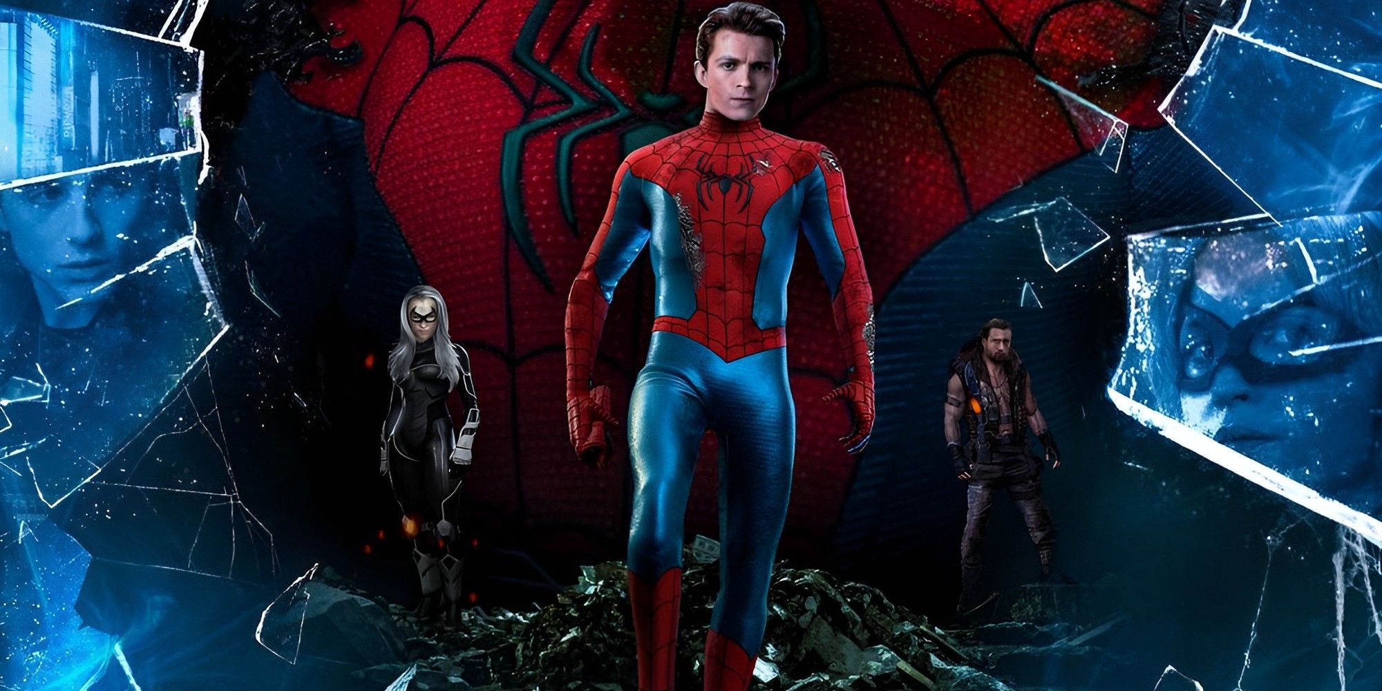 Spider-Man 4 fan poster with Tom Holland's Spider-Man at the center and Kraven and Black Cat on his sides.