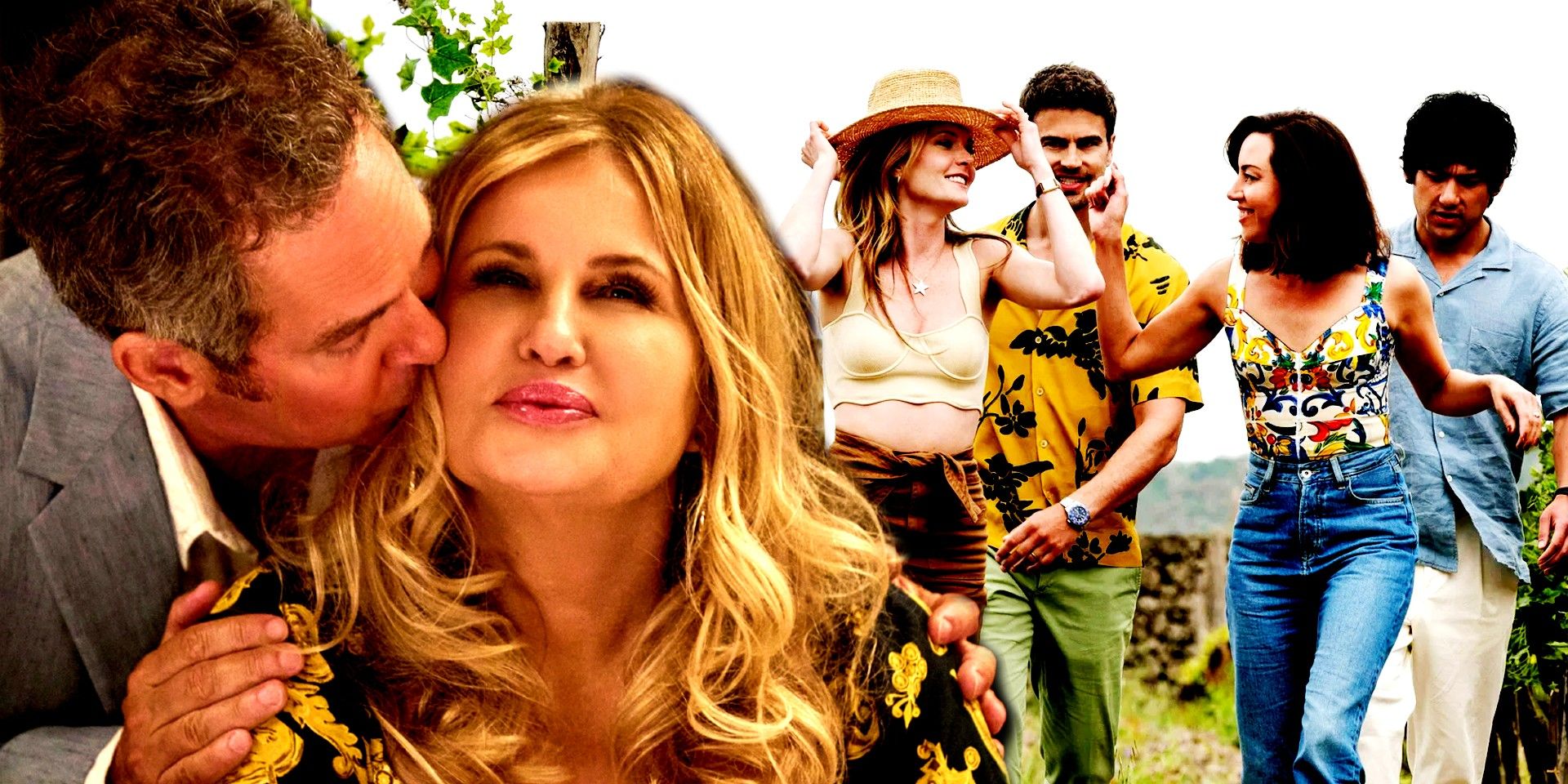 The White Lotus cast as Jennifer Coolidge is kissed in the head while a group of friends return from the beach