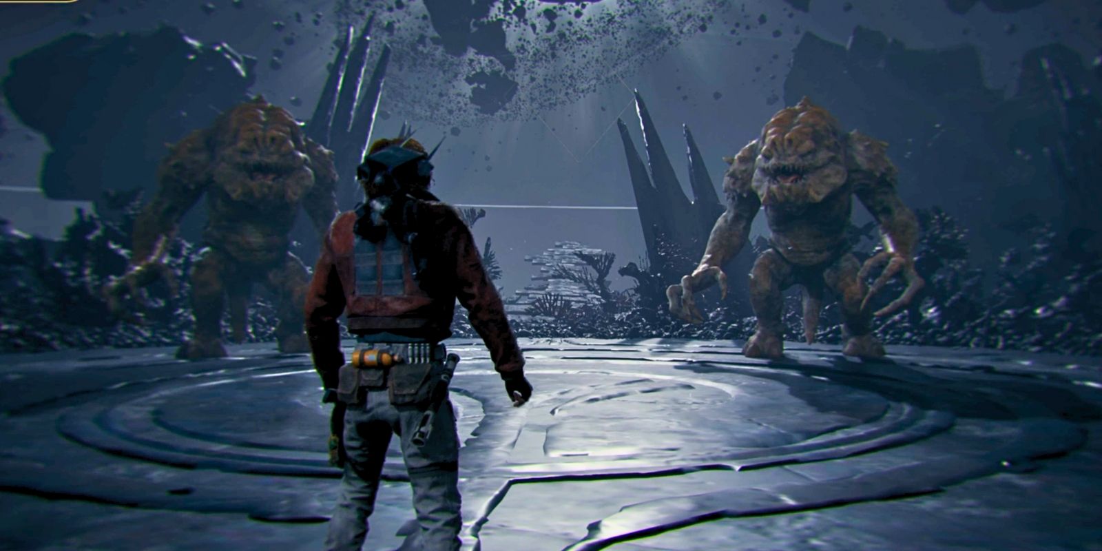 Cal facing the two Rancor in the Fractured Malice Force Tear