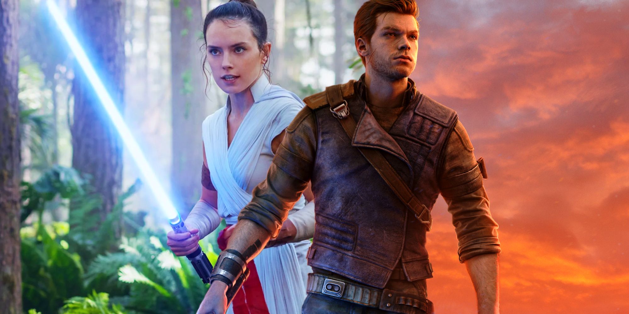 Rey holding a lightsaber in the woods behind Cal Kestis in Jedi: survivor's key art, with a bright orange sky behind him.