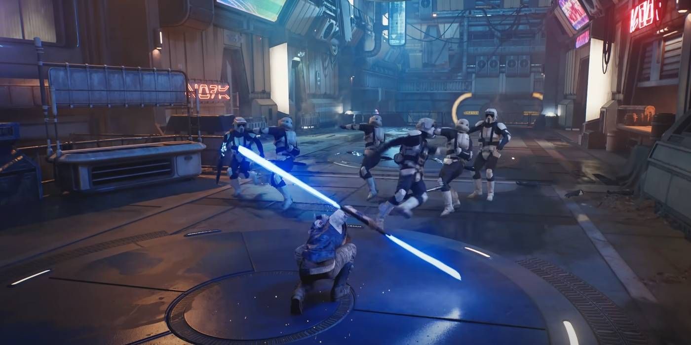 Star Wars Jedi: Survivor Cal Fighting Stormtroopers with Double-Bladed Lightsaber and Force Power