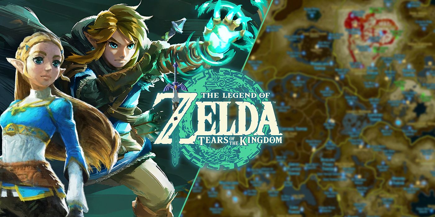 Zelda and Link beside the logo for Tears of the Kingdom with the map in the background.