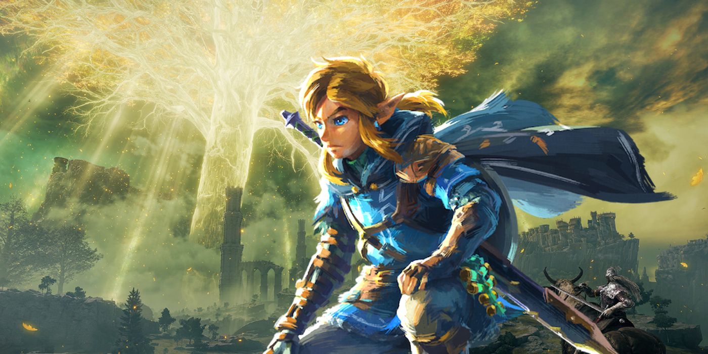 Artwork of Link from Tears of the Kingdom kneeling in front of the Erdtree from Elden Ring.