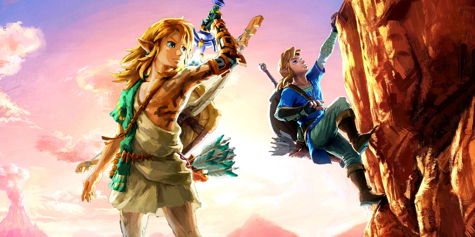 Link from Tears of the Kingdom standing and reaching for the Master Sword on his back with his new Zonai arm, while Link from Breath of the Wild climbs a cliff in the background against a pink sunset sky.