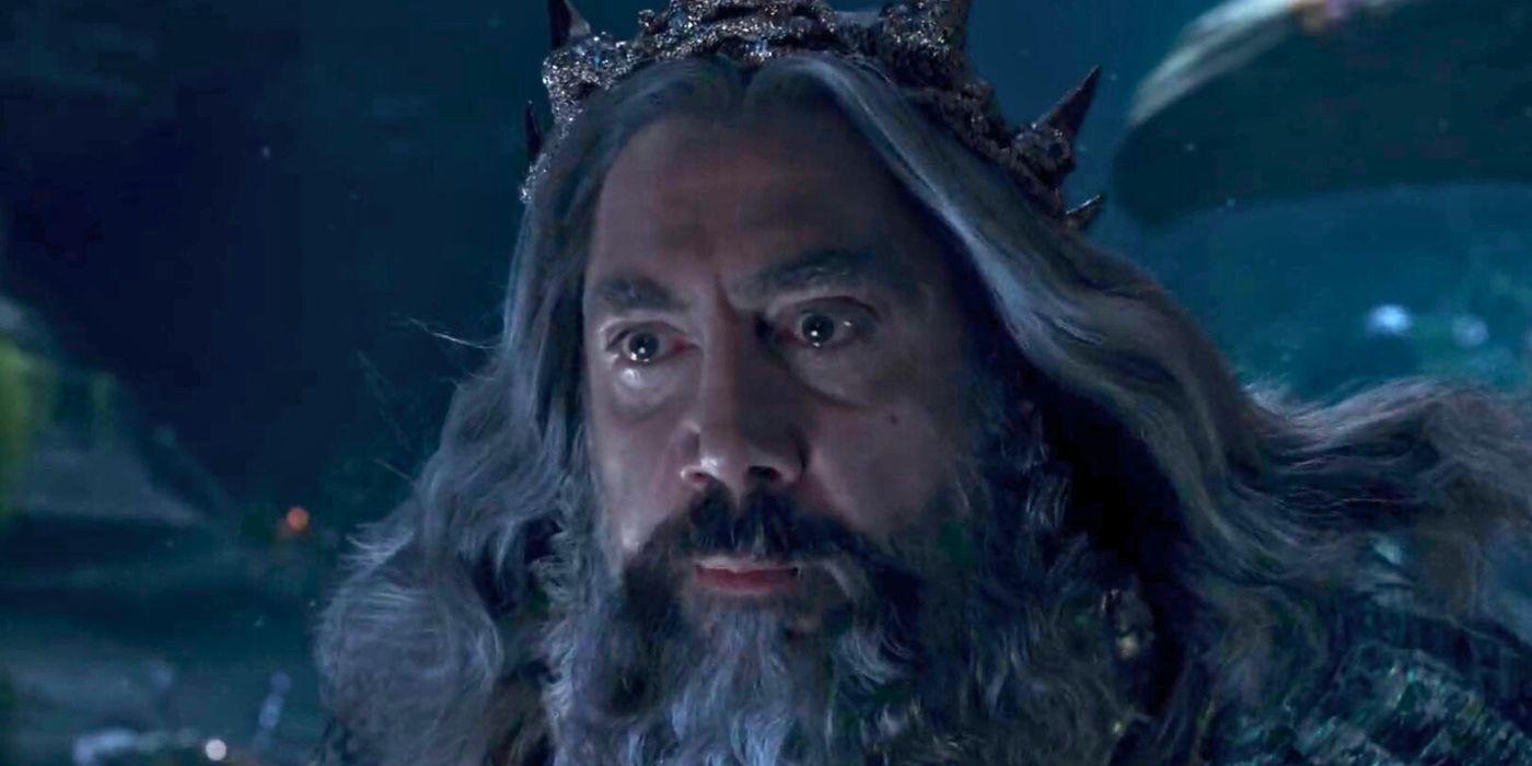 Javier Bardem as King Triton in The Little Mermaid with his crown