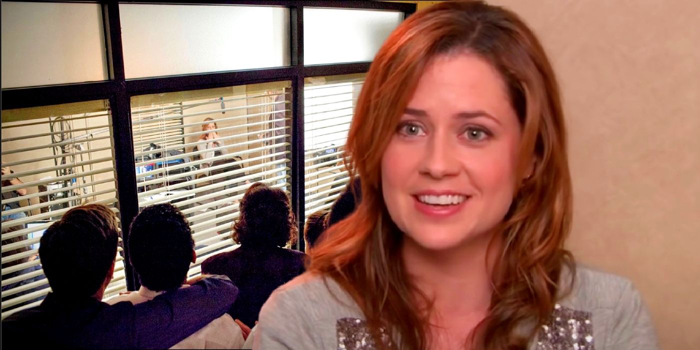 Custom image of Jenna Fischer as Pam and a behind-the-scenes image of the set on The Office.
