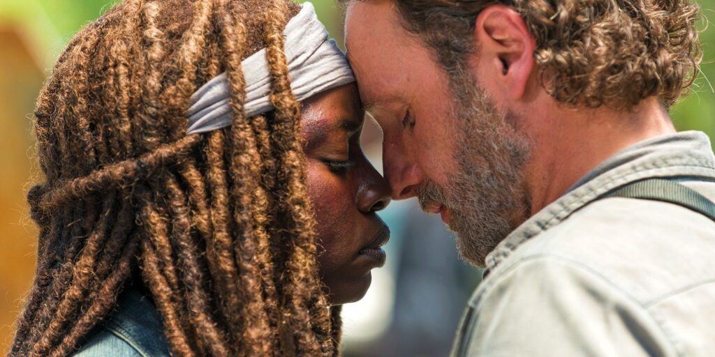 Michonne and Rick touching foreheads on The Walking Dead