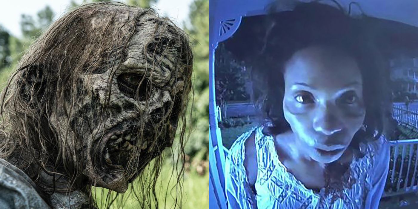 Split image of a walker and Morgan's undead wife staring into the peephole on The Walking Dead.