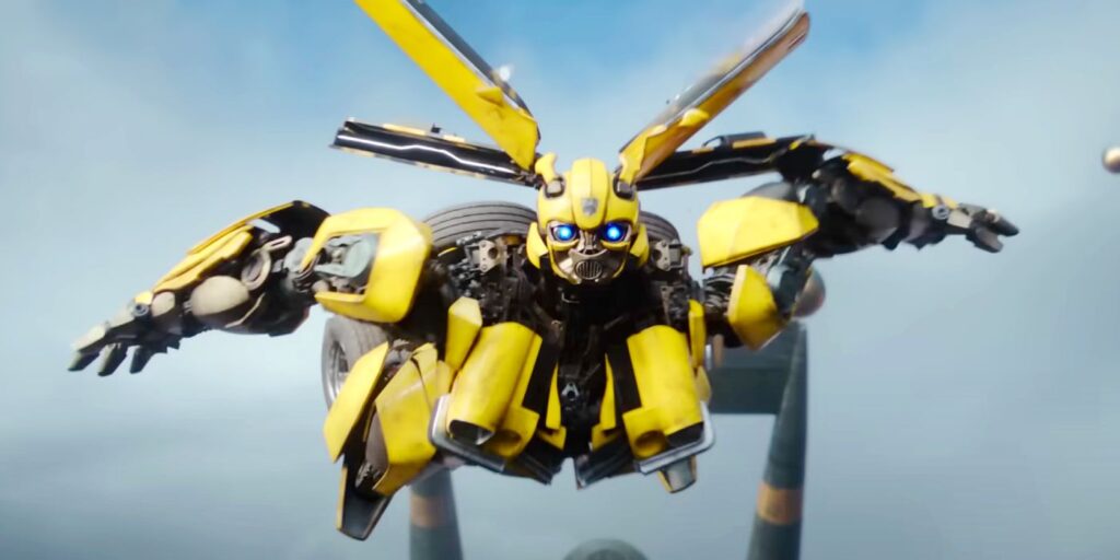 Bumblebee flying in Transformers: Rise of the Beasts.