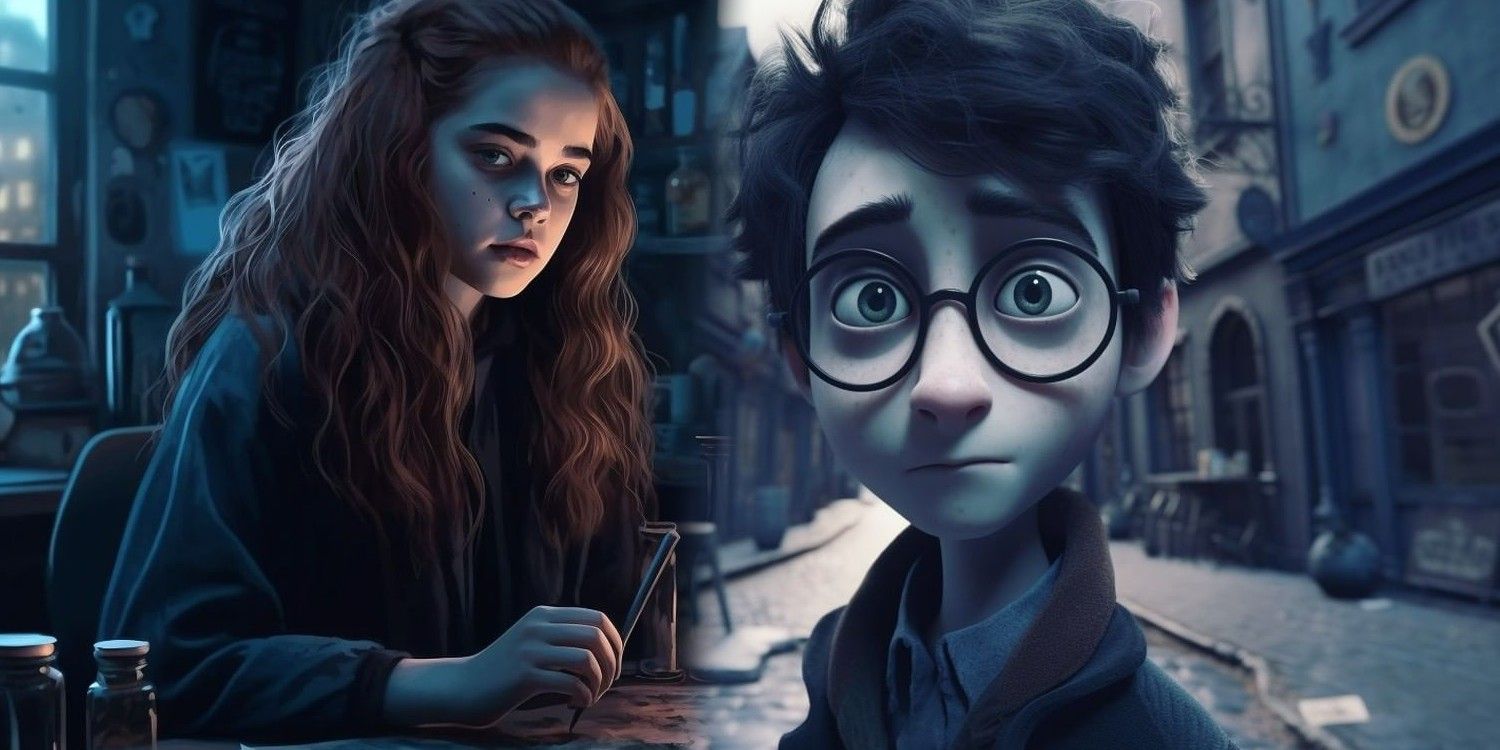 Hermione in a reaslitic look and Harry Potter as a cartoon in Harry Potter-Time Burton style AI Arts