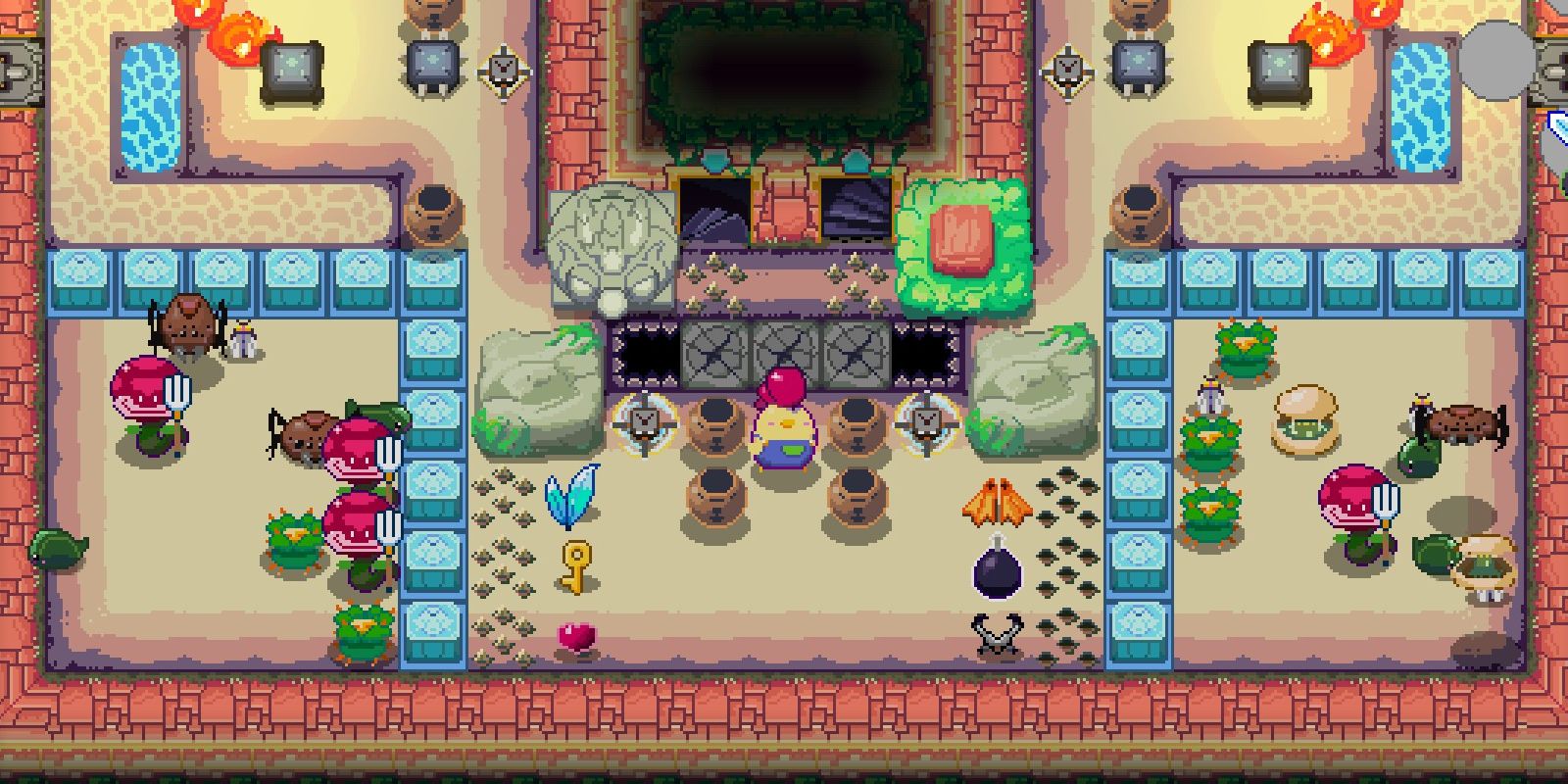Un personaje de jugador de pollo se encuentra en medio de una mazmorra de 16 bits similar a Zelda en Super Dungeon Maker, rodeado de ollas y grietas en el piso.  Varias trampas y enemigos se encuentran dispersos por toda la habitación.