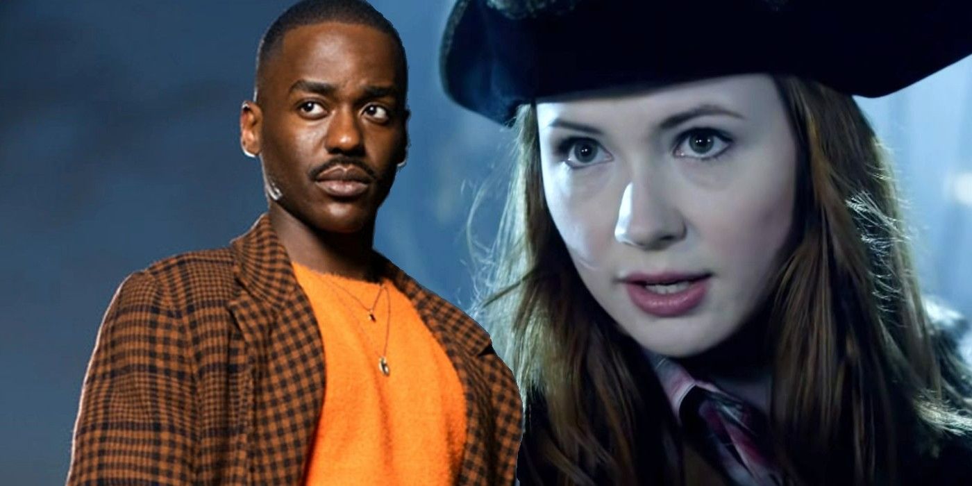 Amy Pond wearing a hat in Doctor Who with a blended image of Ncuti Gatwa