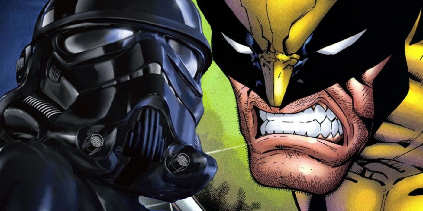 Comic wolverine and star wars' shadowtrooper staring at each other