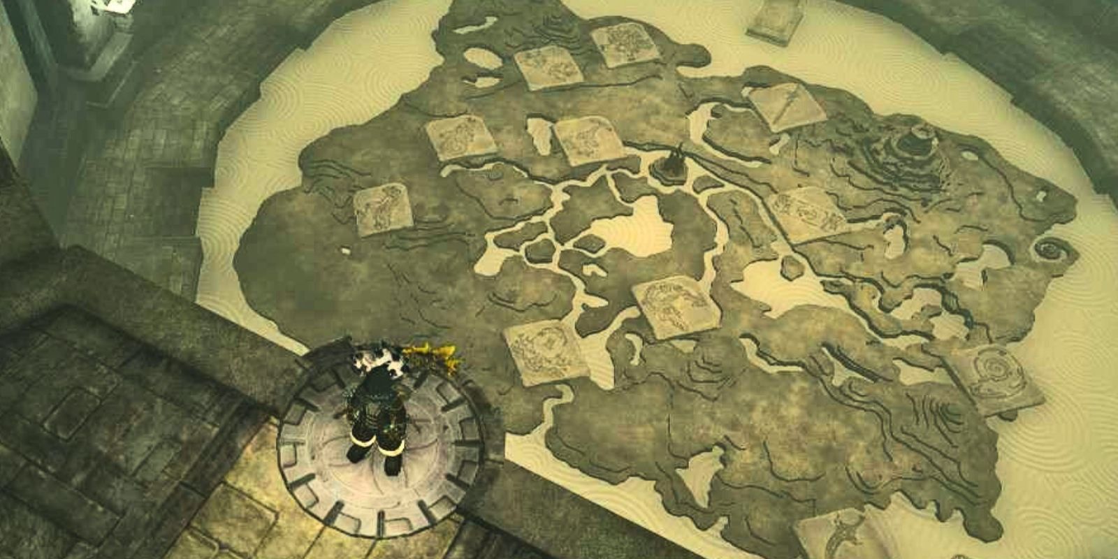Link standing over the map in the forgotten temple in Zelda: Tears of The Kingdom