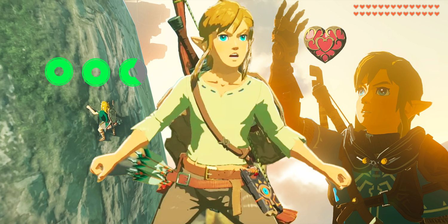 Link staring at the stamina gauge next to another Link looking up at hearts.