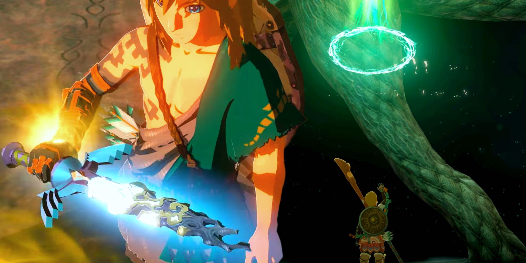 Link holding a decayed Master Sword on the left side of the image, and Link standing under the green ring of a Lightroot on the right side.