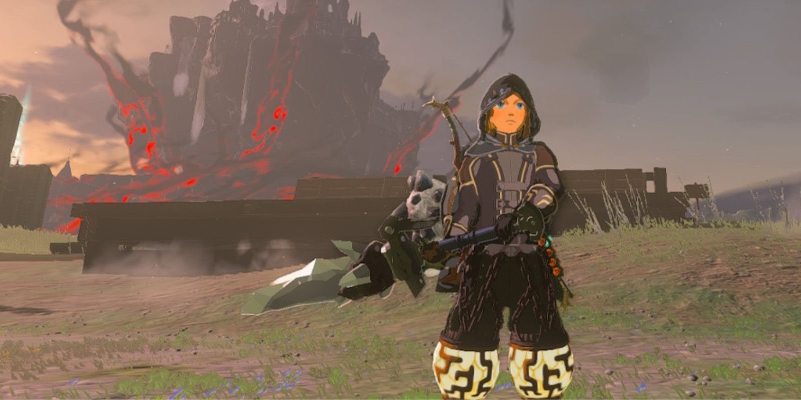 Link holding the Diamond Blade fused weapon in front of the Hyrule castle background