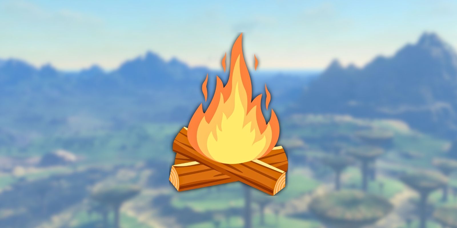 fire graphic over blurred Hyrule background from Zelda: Tears of the Kingdom