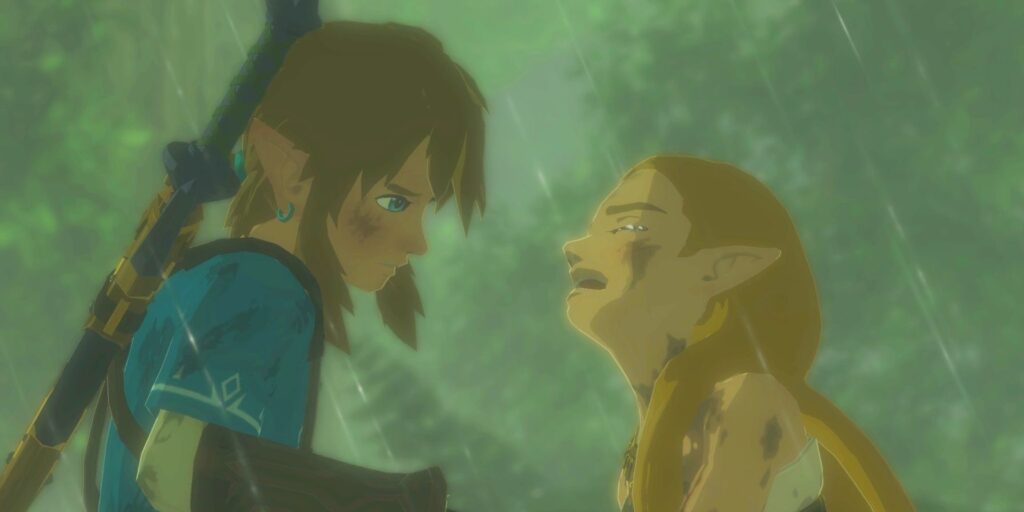 Zelda cries while Link tries to comfort her. Rain is falling around them.
