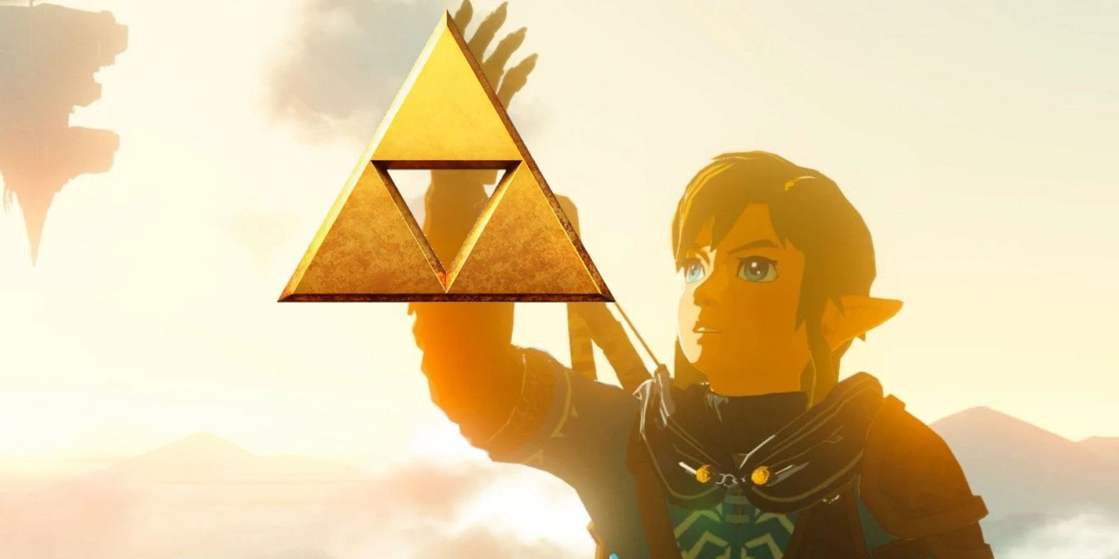 Is The Triforce In Tears Of The Kingdom - In picture of Link examining the Arm of Rauru in Tears of the Kingdom with a Triforce image added