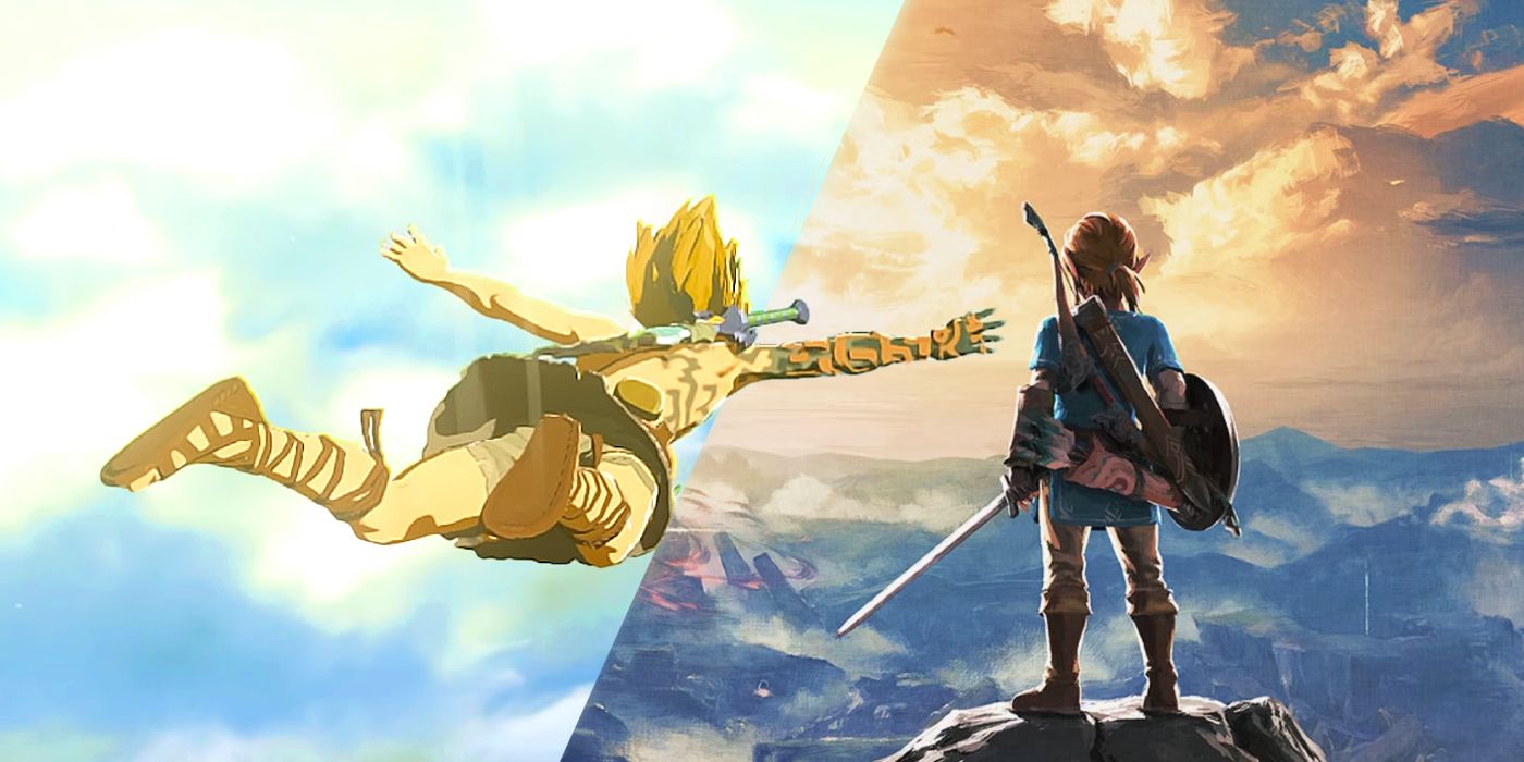 Link falling out of the sky in TOTK's intro sequence on the left, and the promotional art for BOTW on the right.