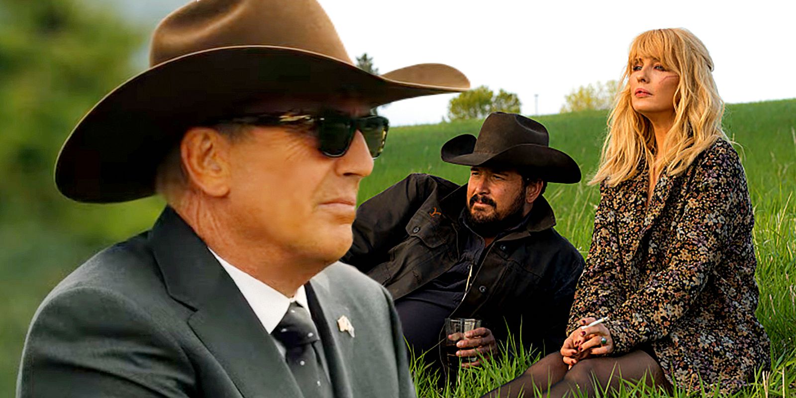Kevin Costner, Cole Hauser, and Kelly Reilly in Yellowstone season 5