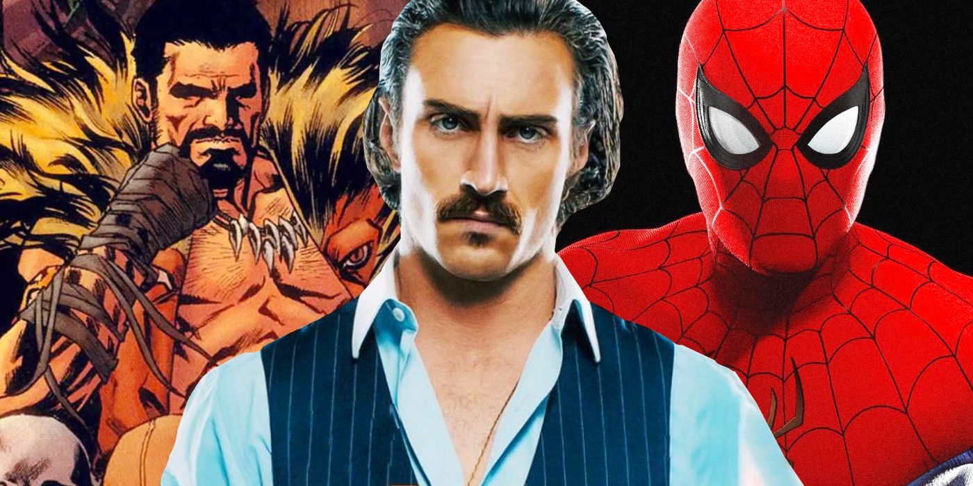 Collage Image With Aaron Taylor-Johnson, Kraven, and Spider-Man