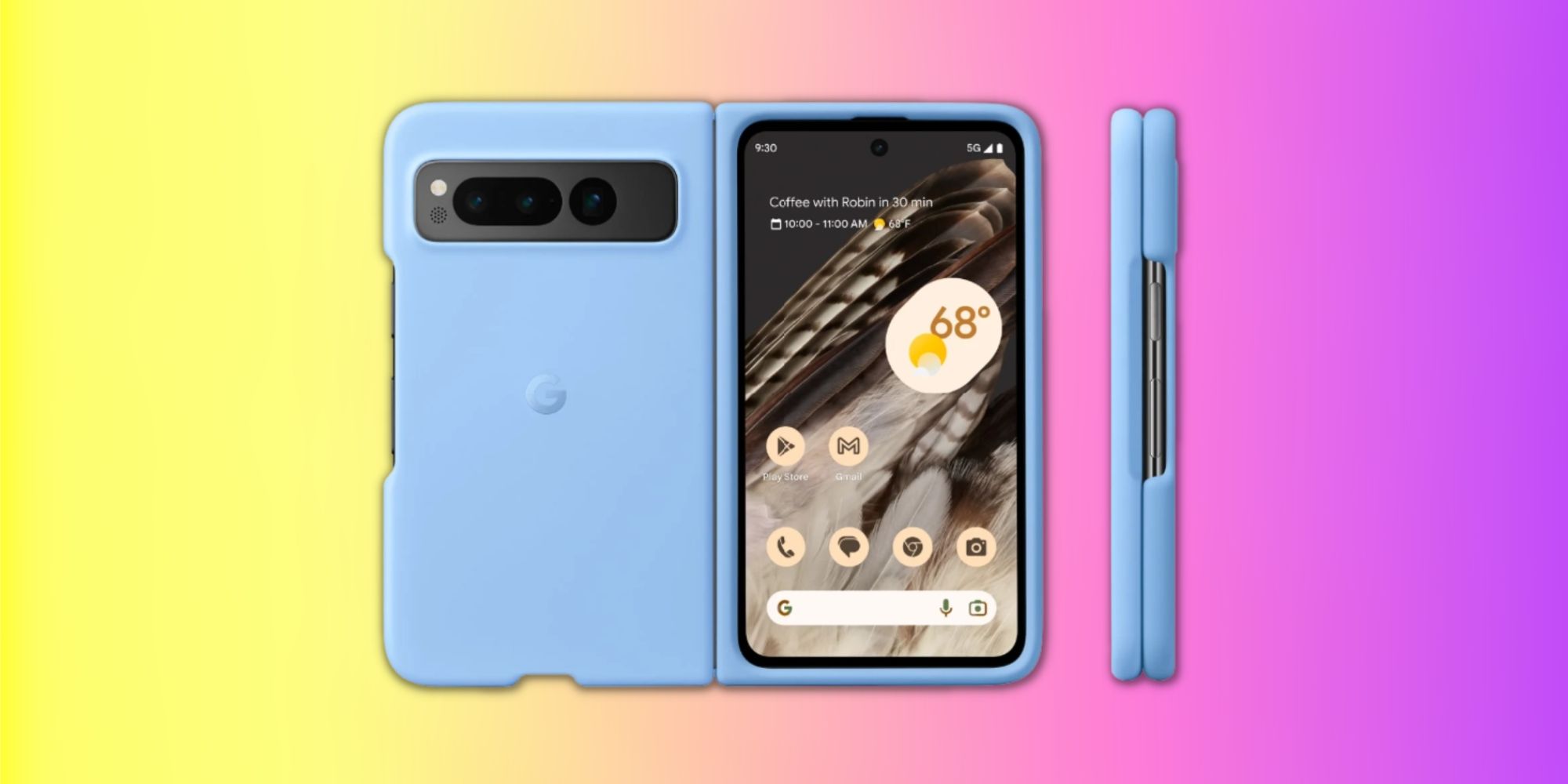 Image of the Google Pixel Fold in a blue case over a yellow-pink gradient background