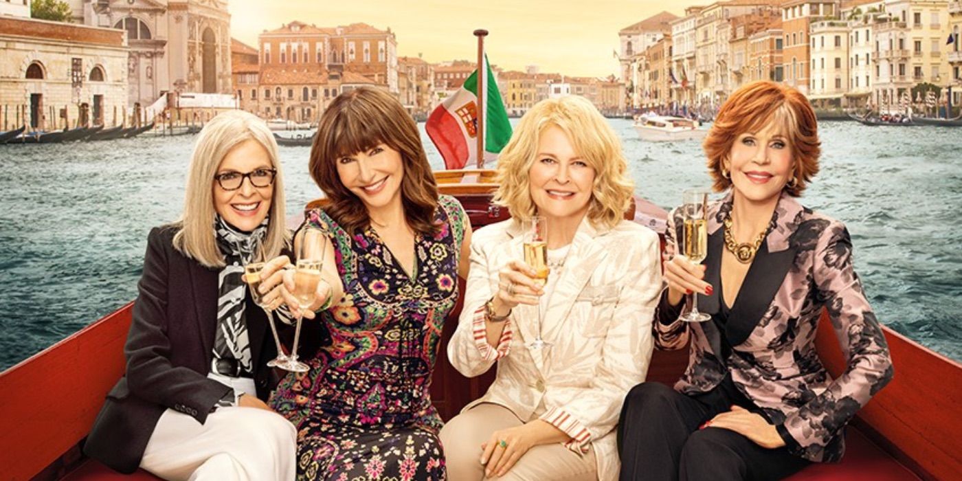 The cast of The Book Club raise glasses on the poster for The Next Chapter
