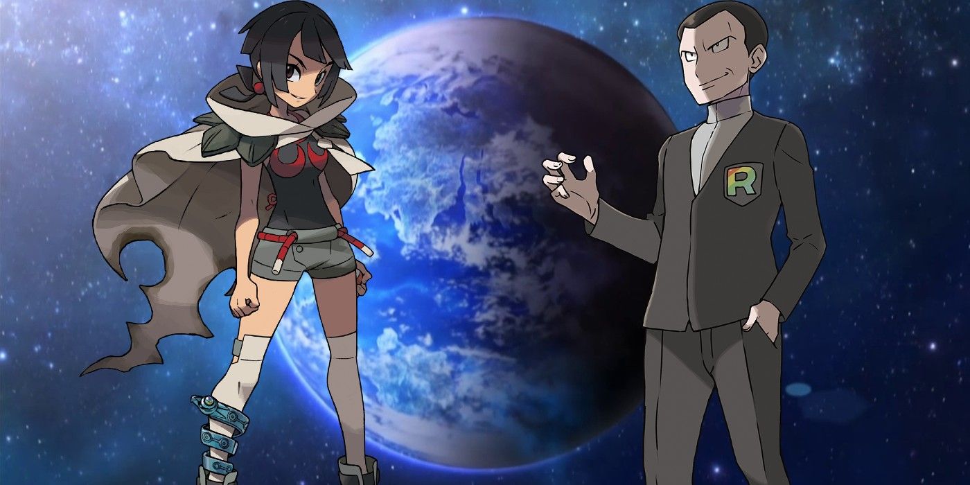 Images of Zinnia and Team Rainbow Rocket's Giovanni with the Pokémon world in the background.