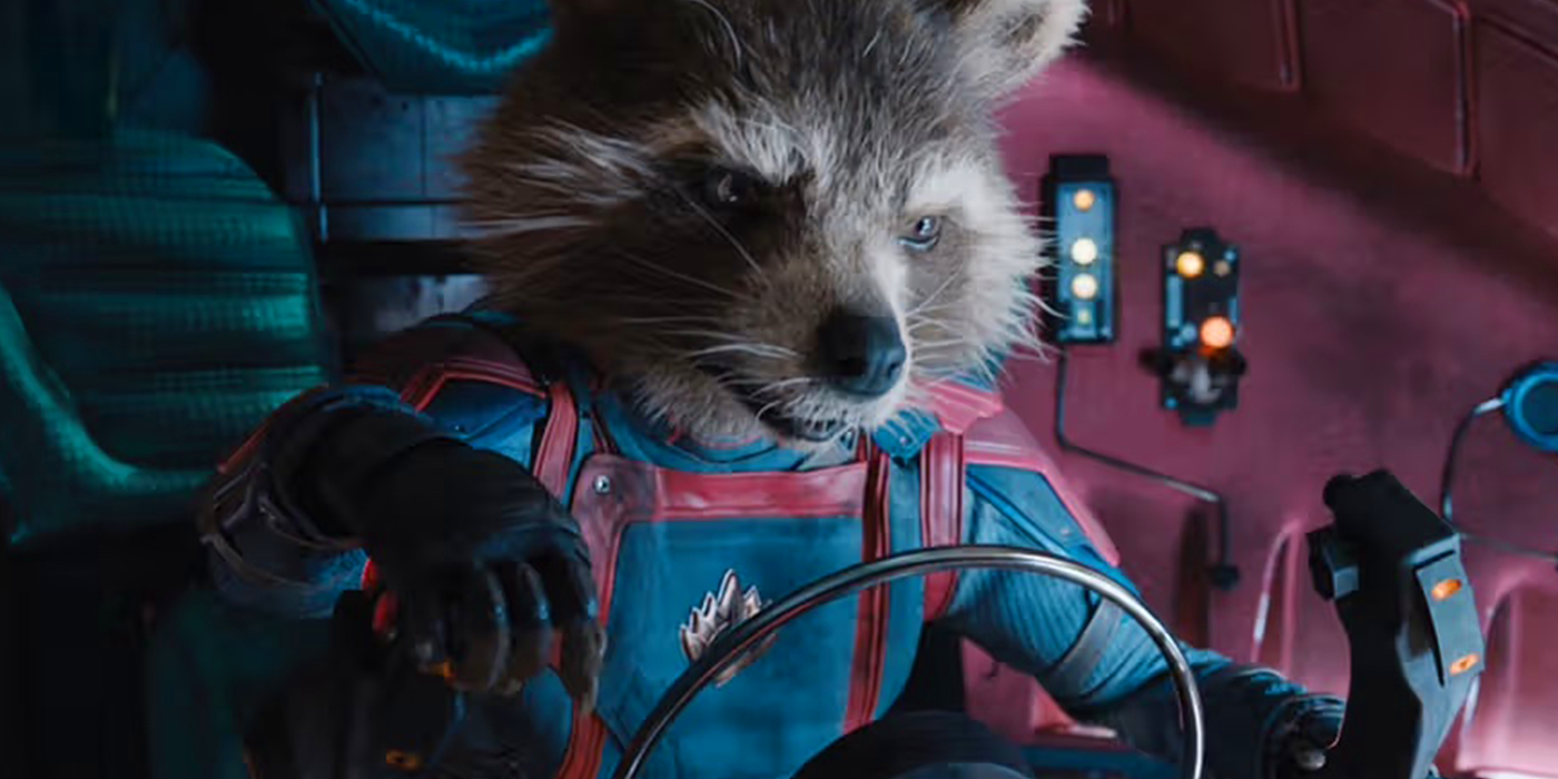 Rocket Raccoon piloting a ship with the new team uniform in Guardians of the Galaxy Vol. 3