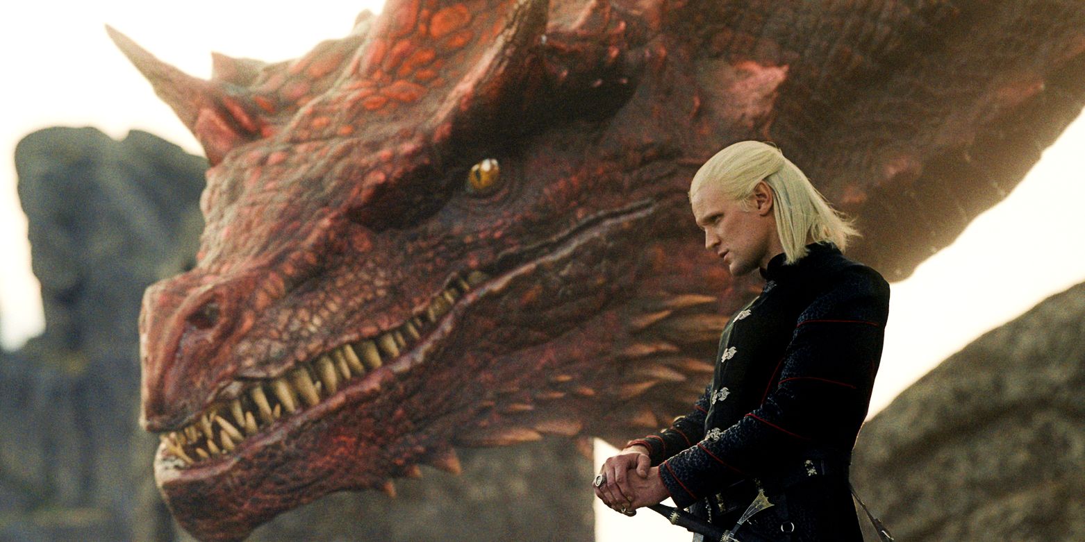 Matt Smith as Daemon Targaryen standing in front of a dragon in House of the Dragon