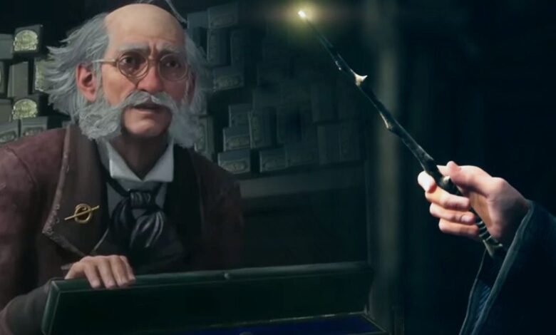 An image of Gerbold Ollivander holding open a wand case on the left and a close-up of a player holding a glowing wand on the right.