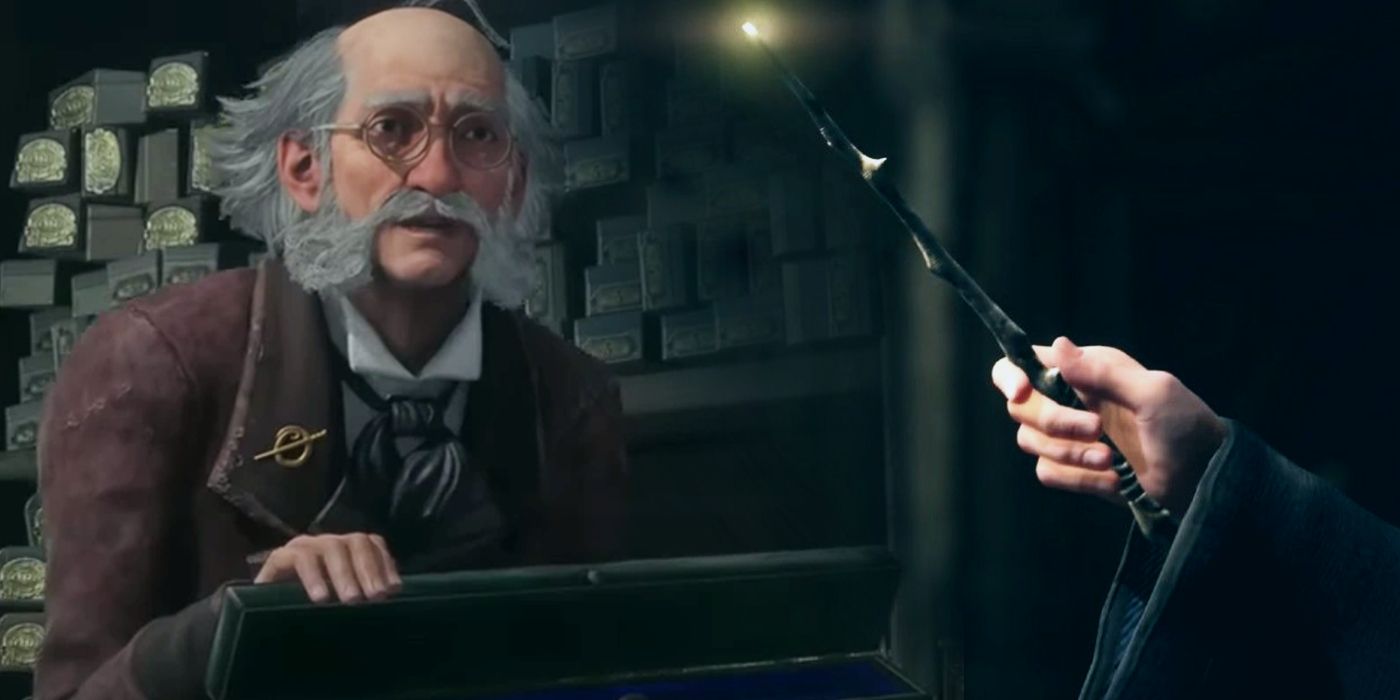 An image of Gerbold Ollivander holding open a wand case on the left and a close-up of a player holding a glowing wand on the right.