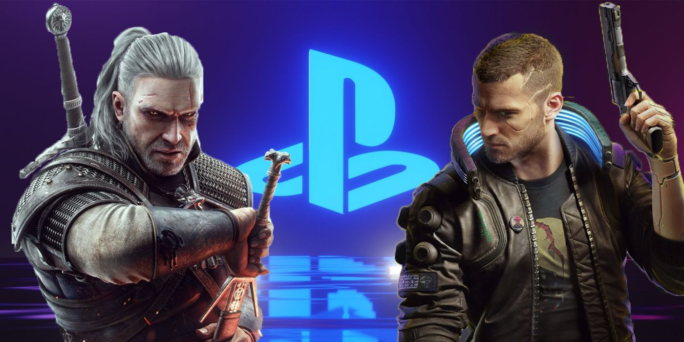 The Witcher's Geralt and Cyberpunk's male V with a blue neon PlayStation logo behind them