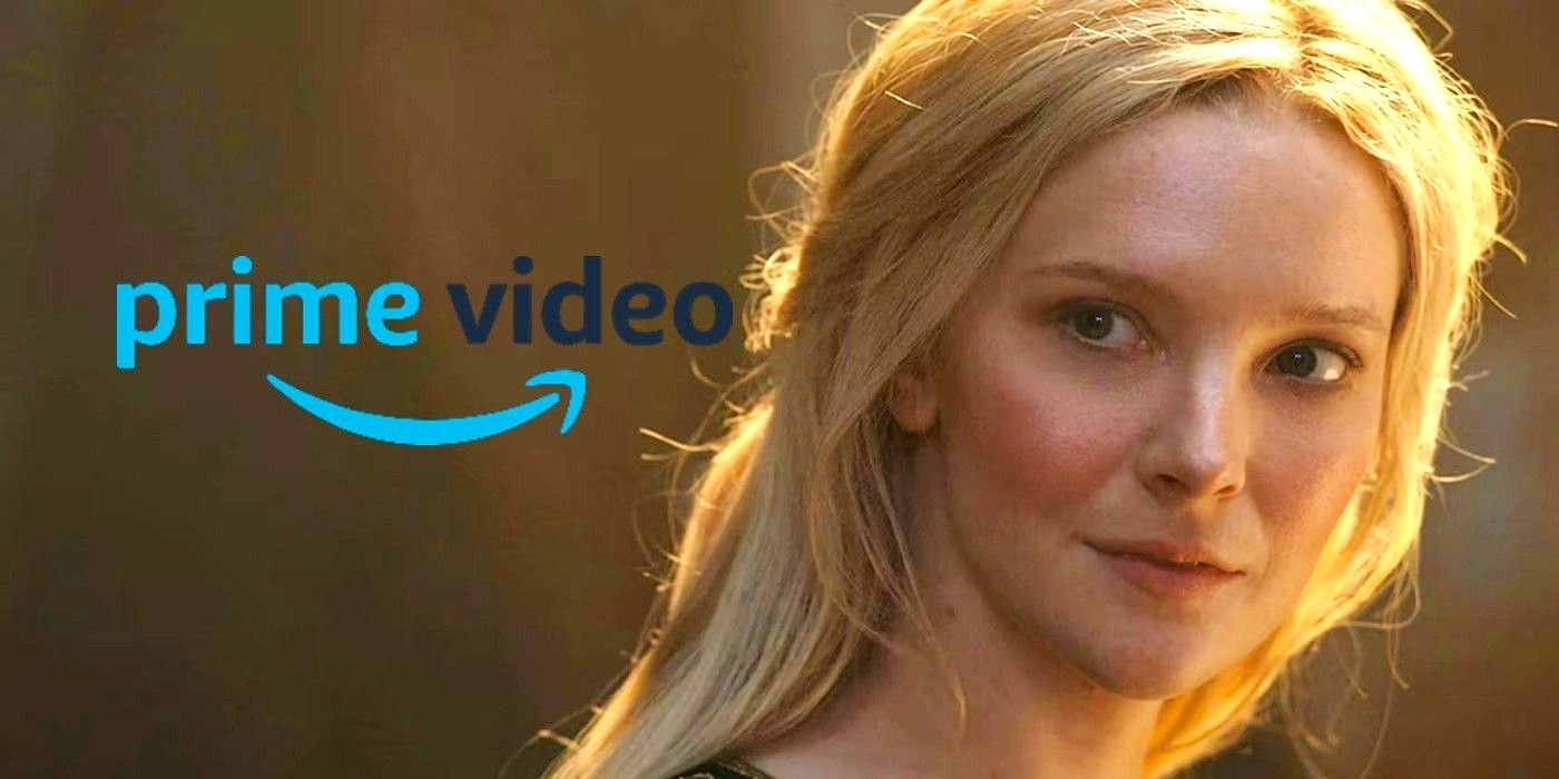 Galadriel in The Lord of the Rings: The Rings of Power next to Prime Video logo