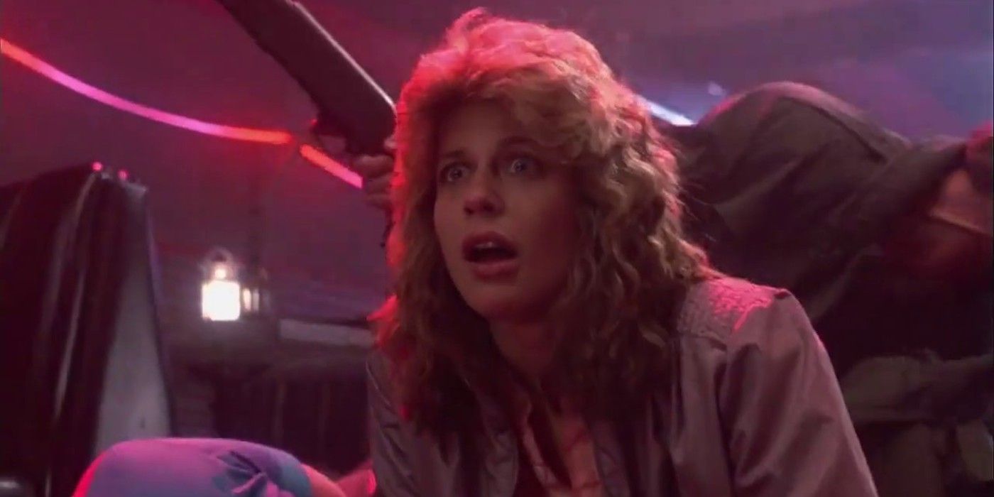 Linda Hamilton looking shocked as Sarah Connor in The Terminator