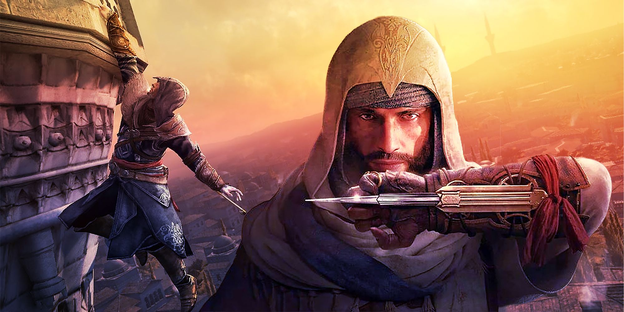 A close-up of Assassin's Creed Mirage protagonist Basim with his hidden blade extended in front of his face, superimposed on a background showing Basim hanging from the edge of a building above Baghdad.