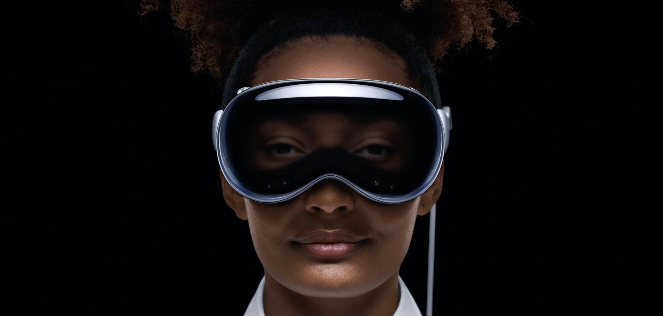 Apple Vision Pro with EyeSight engaged, showing the wearer's eyes