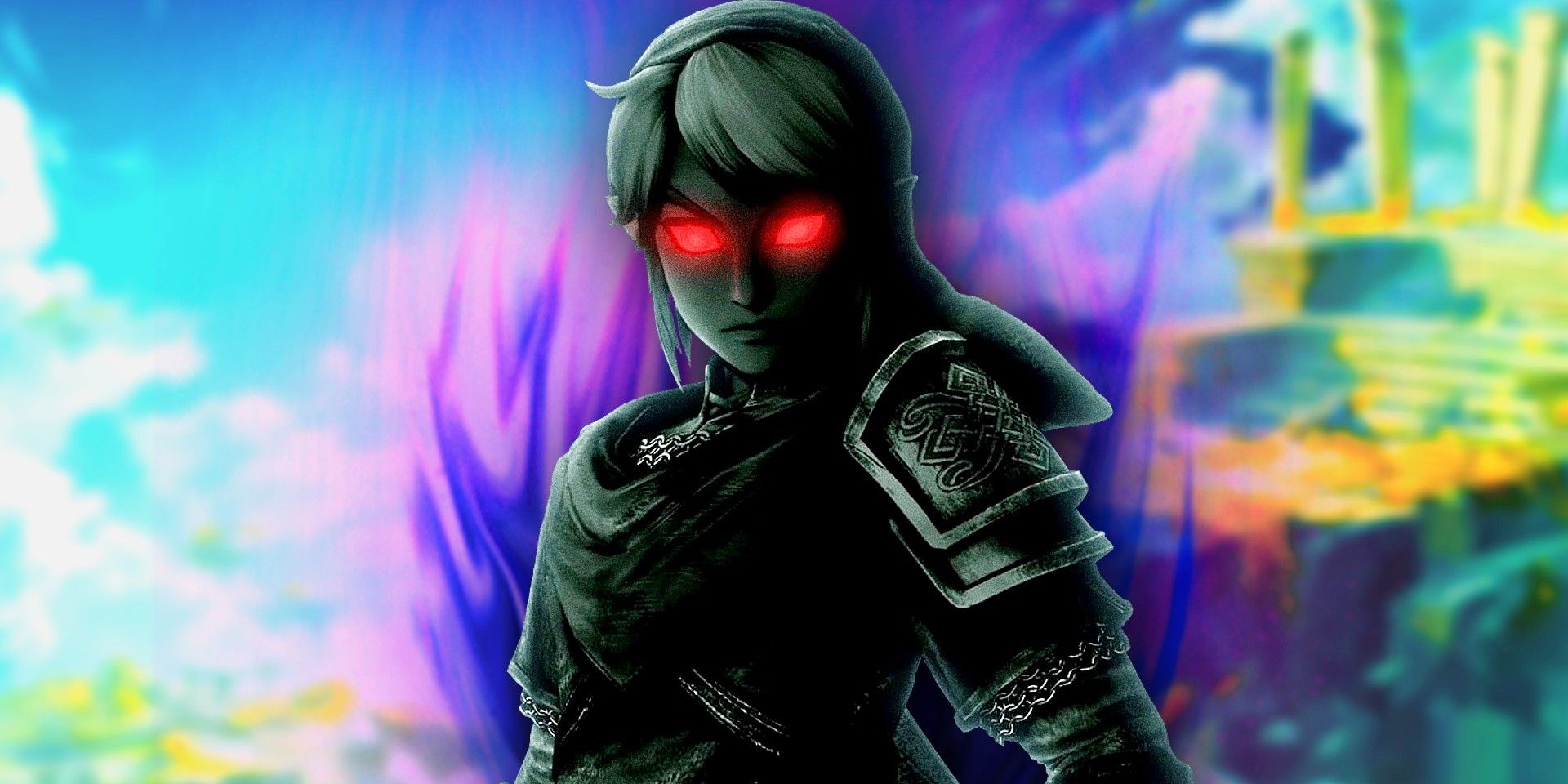 Zelda's Dark Link in TOTK with a dark purple flame behind him.